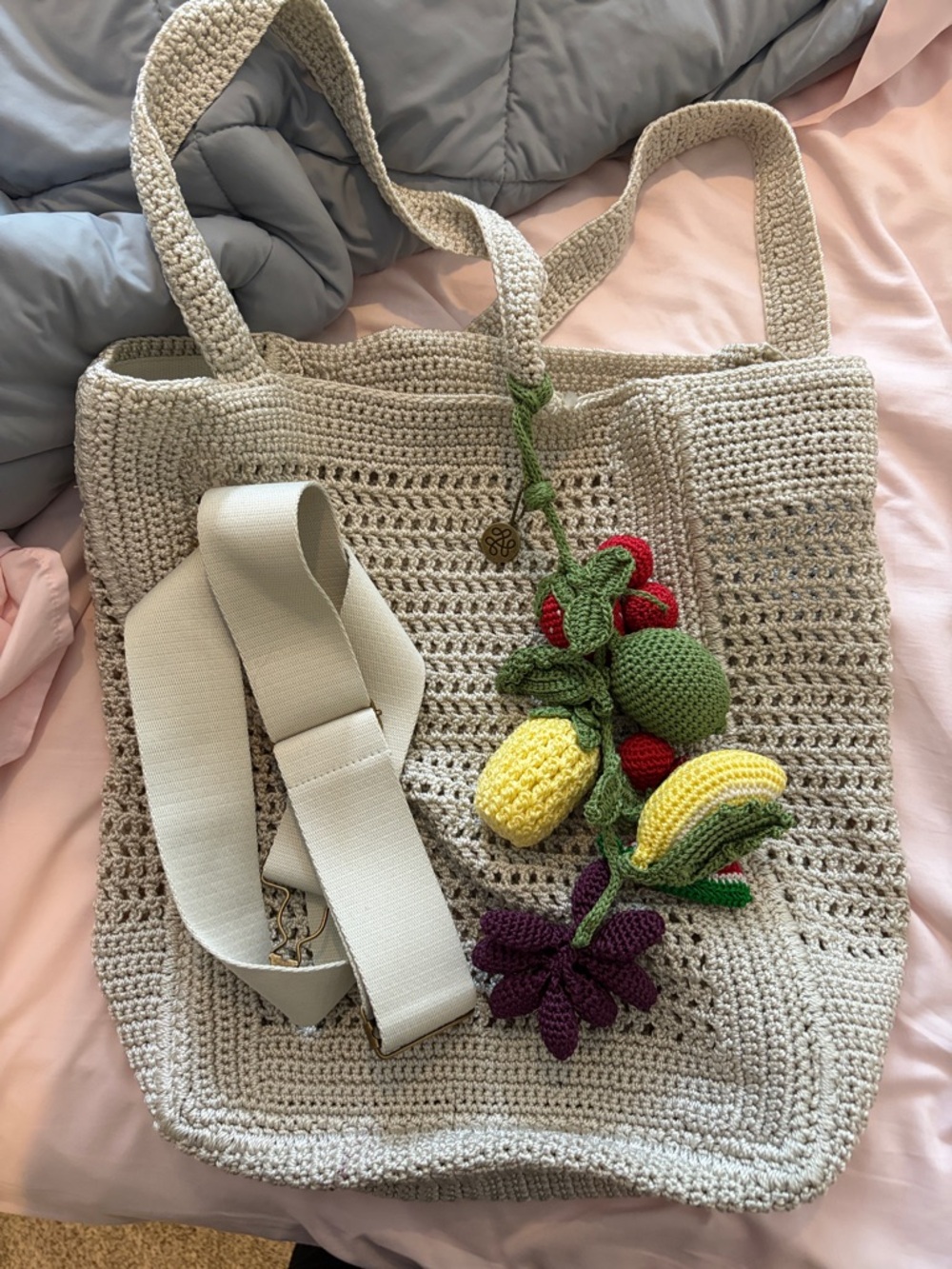 The Sak Cream Crochet Tote with Fruit & Flower Charm
